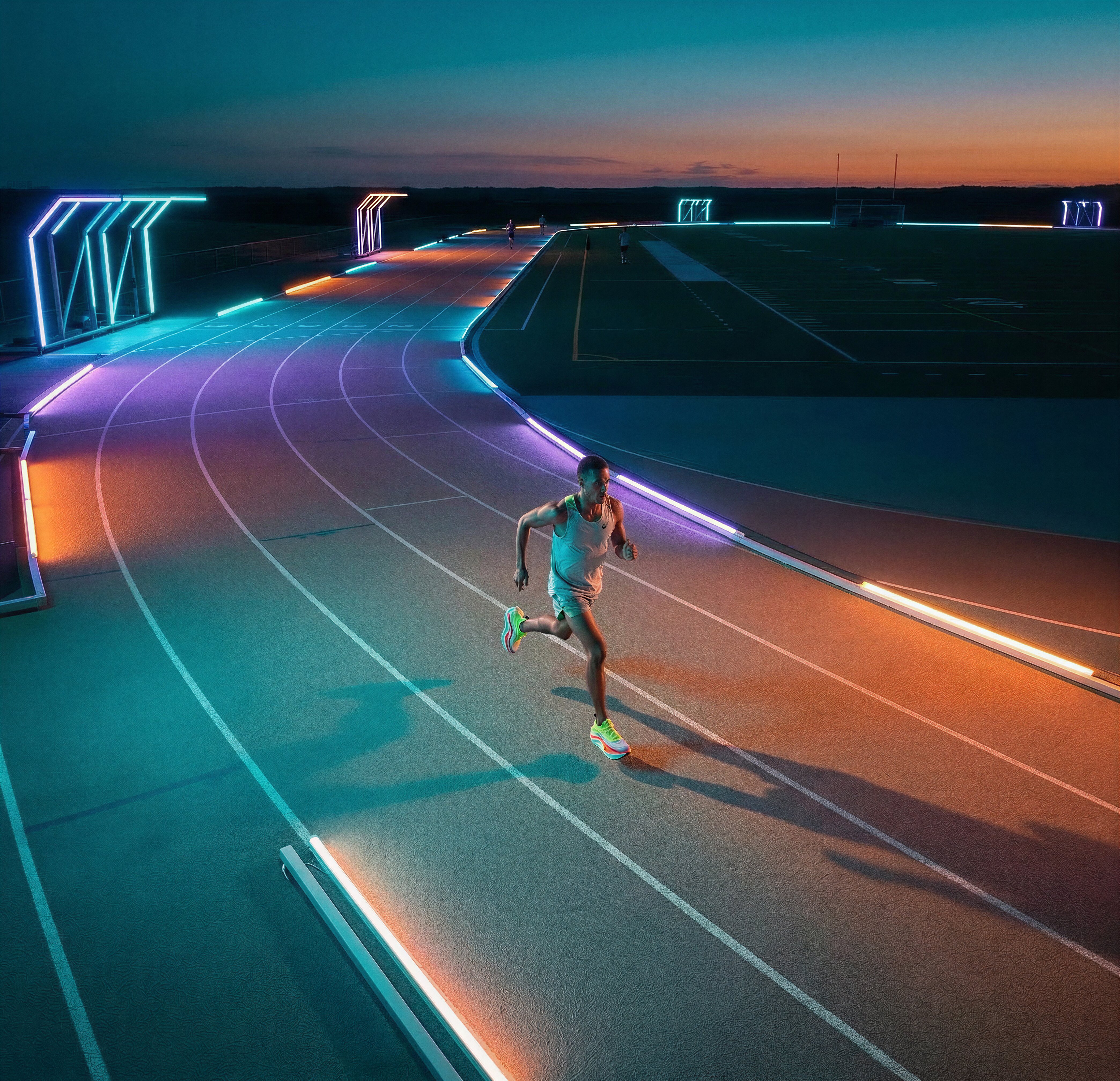 Runner on neon-lit track